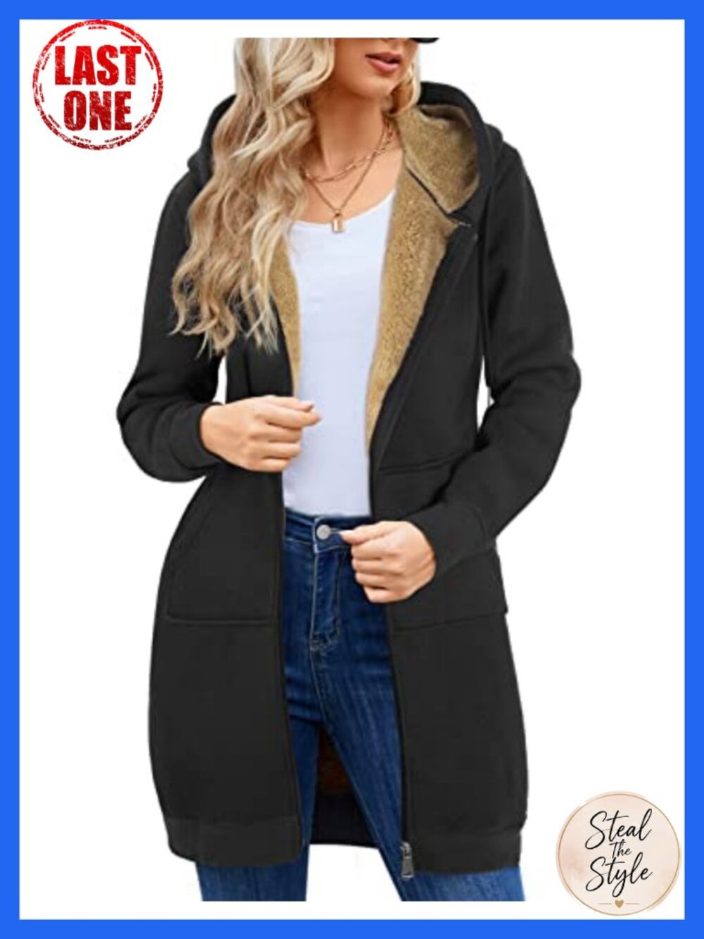 Women's Zip Up Hoodie Tunic Casual Fleece Jacket Knee Length